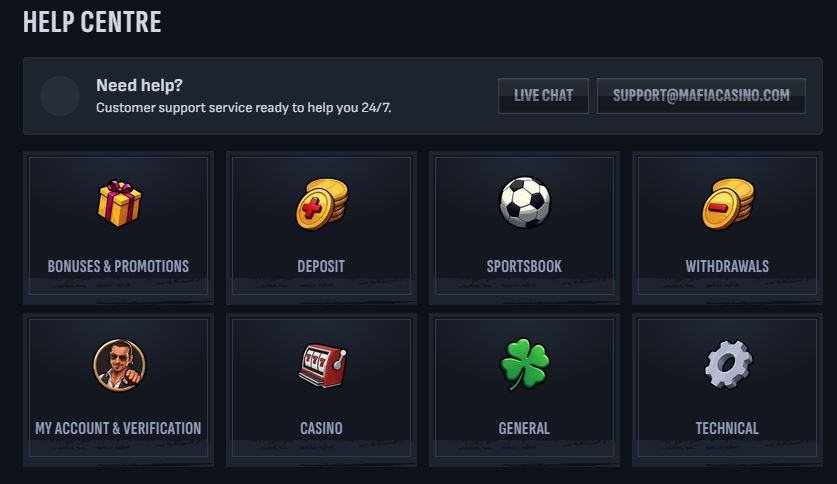 Get 24/7 customer support help at Mafia Casino