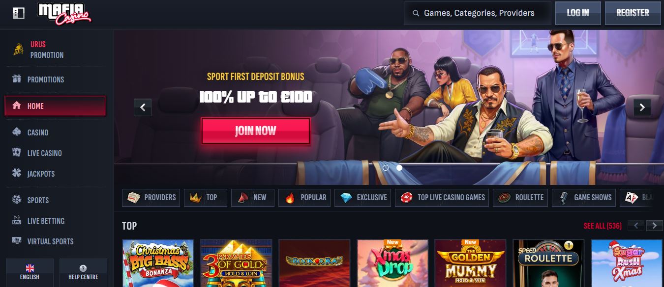 Visit Mafia Casino homepage and explore game categories