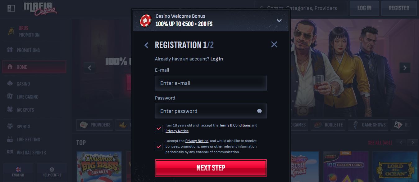 Complete MafiaCasino registration by providing personal details and country