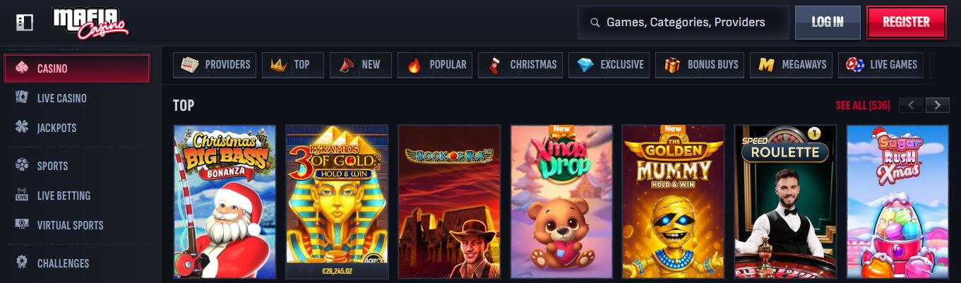 Spin top slots and live games at Mafia Casino