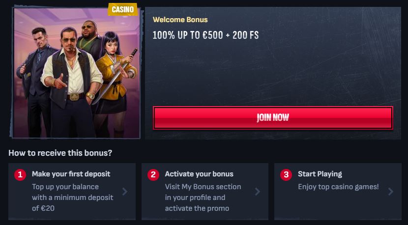 Claim welcome bonus up to €500 plus free spins